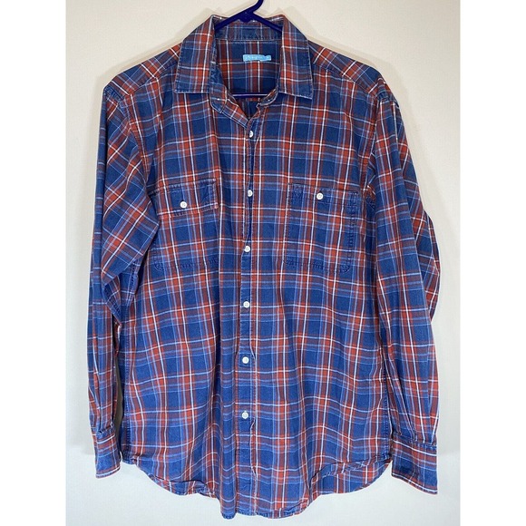 J. McLaughlin Blue‎ Red Cotton Plaid Button Up Shirt Casual Long Sleeve MEDIUM - Picture 1 of 5